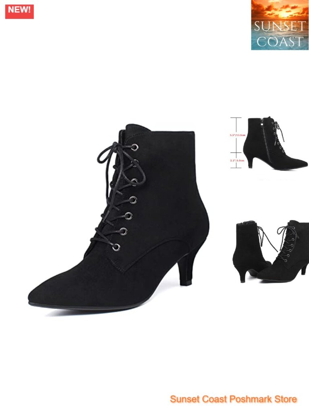Kitten Heel Lace Up Ankle Boots Pointed Toe Side Zipper Short Booties